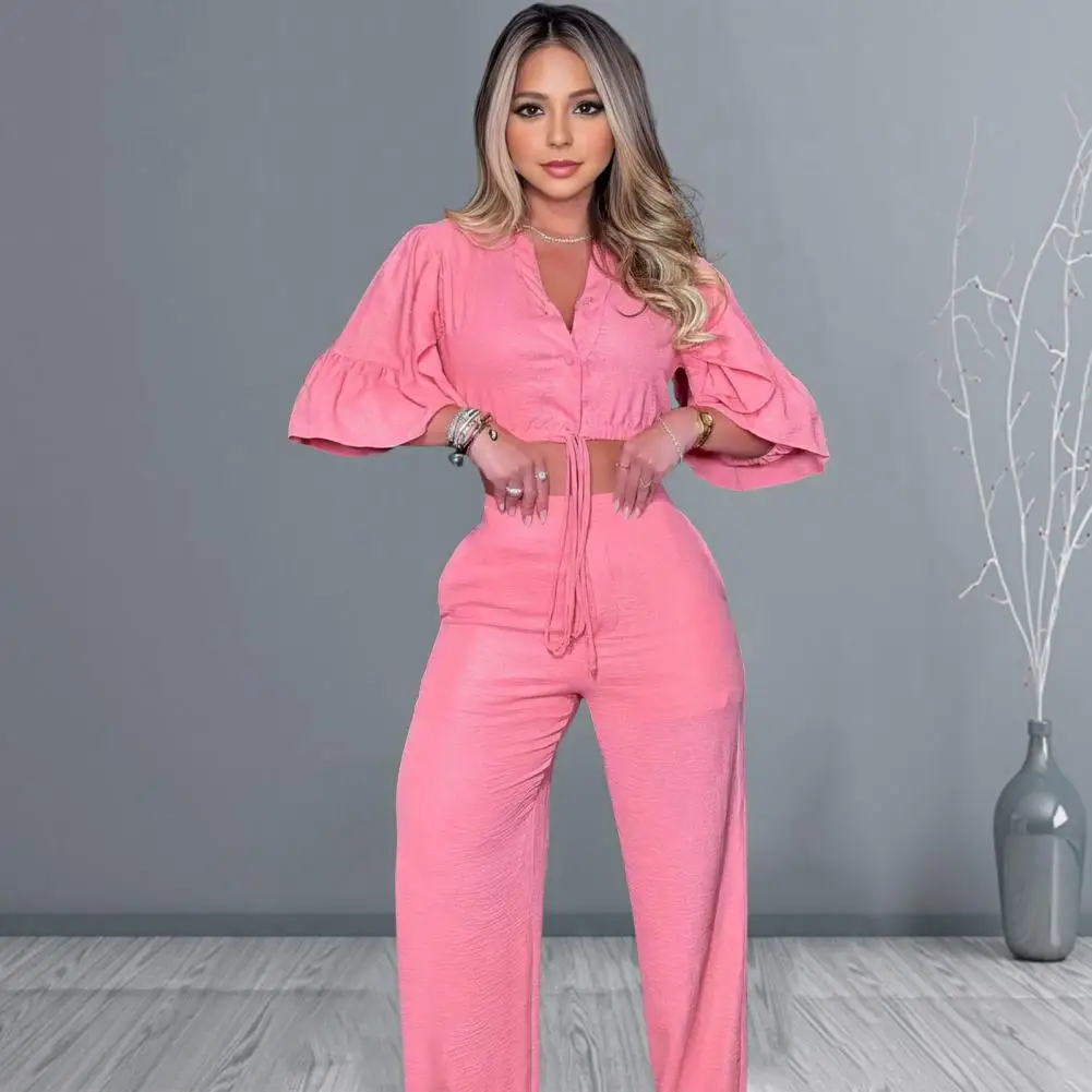 Breathable Lightweight Suit Set Casual Two-piece Women Suit Stylish Women's V Neck Crop Top Wide Leg Pants Set for Fashionable