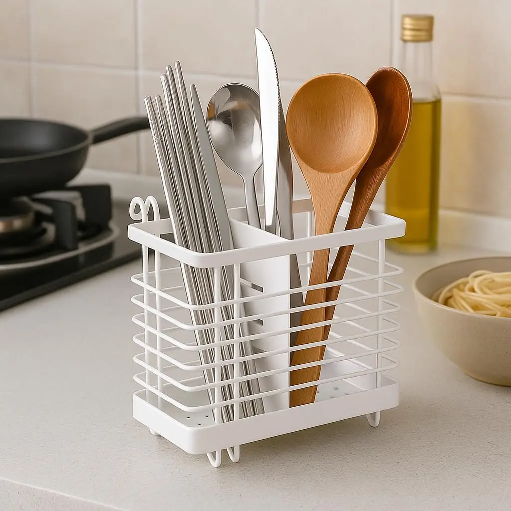 Carbon Steel Chopstick Holder Wall Mount for Spoons and Utensils with Two Compartments and Air Circulation Openwork Panels