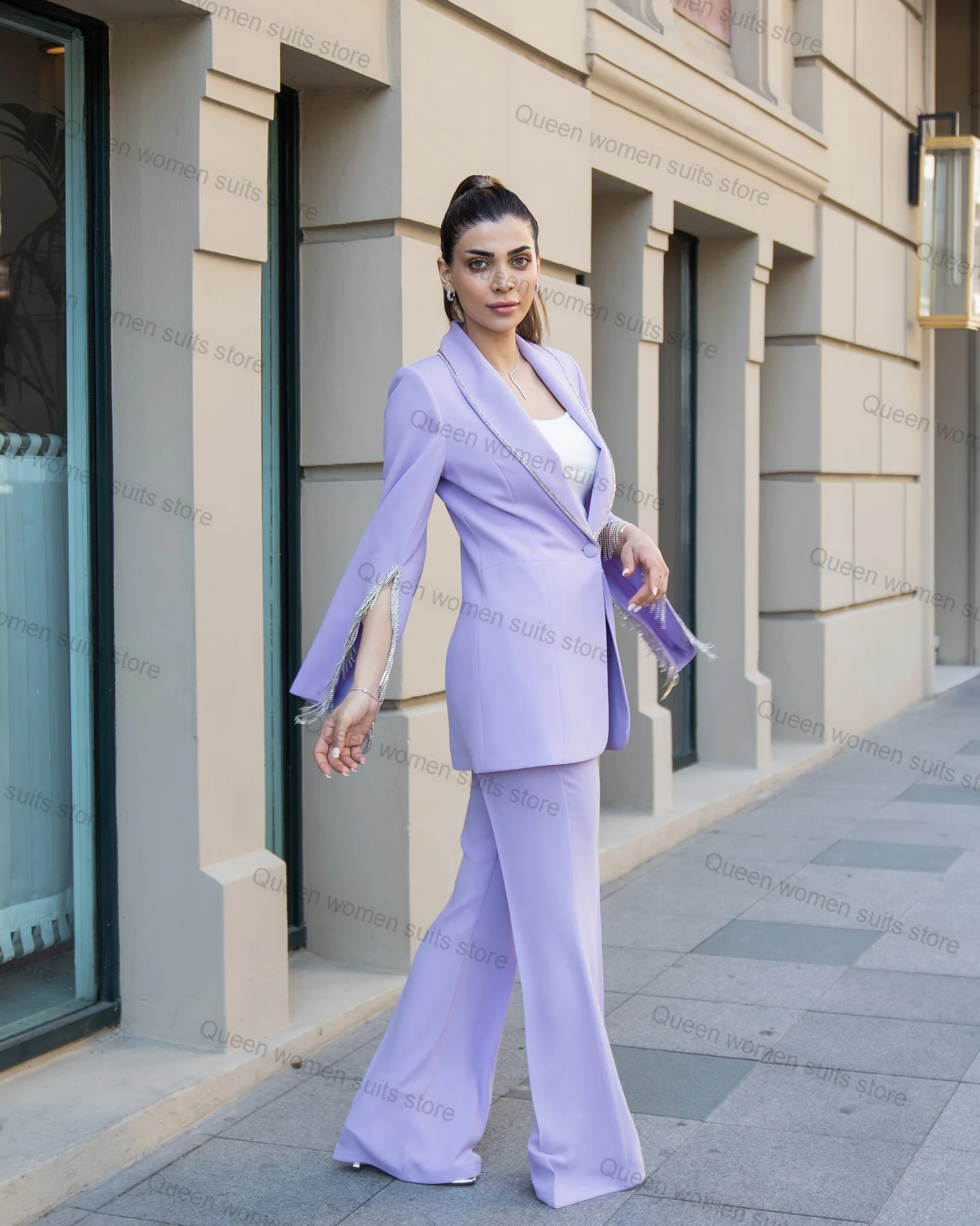 

Lavender Purple 2 Piece Women Suits Pants Set Crystals Blazer+Trouser Formal Office Lady Tailored Split Sleeves Coat Prom Jacket