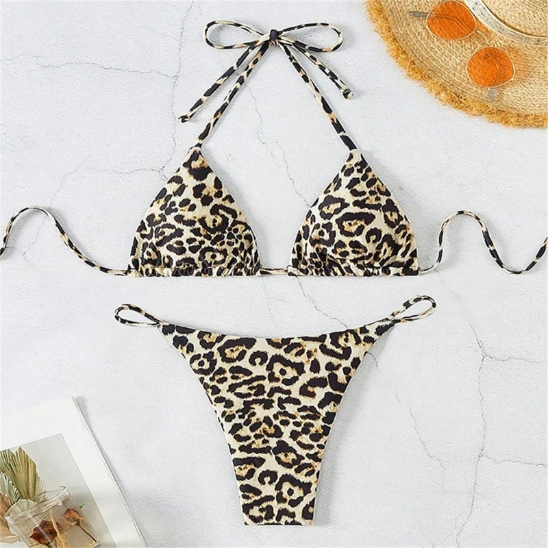 E8BF Leopard Print Triangle Swimsuit بما في ذلك ملخصات حمالة الصدر العليا ميزة النسيج الناعم