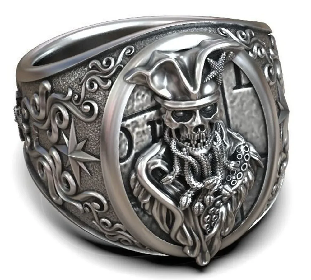 35g 3D Big Ring Undead Pirate Snakes Wind Rose Anchor Art Relief  Customized 925 Solid Sterling Silver Rings Many Sizes 8-13