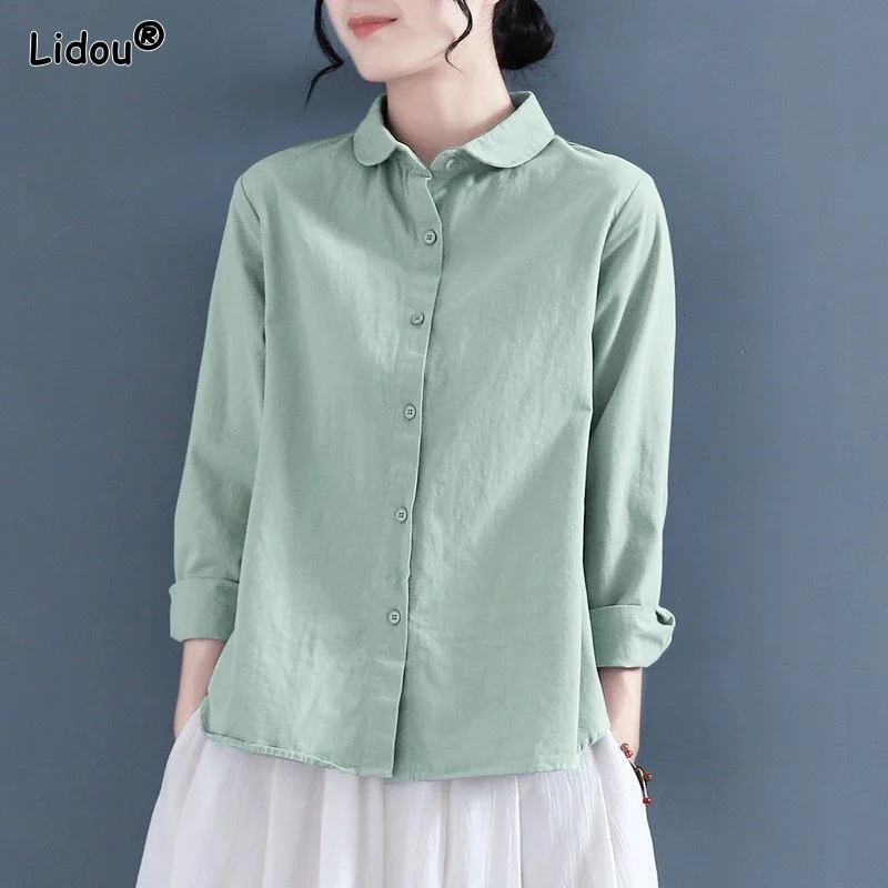 Spring Summer Women\'s Clothing 2022 Loose Casual Blouses Solid Bottoming Neutral Turn-down Collar Simplicity Temperament Vintage