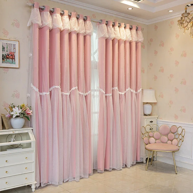 Korean Princess Curtains for Living Dining Room Bedroom Cloth Gauze Integration New  Luxury Girl Window Blackout Customize