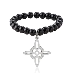 Stainless Steel Irish Witch Knot Charm Beaded Bracelet Black Celtic Knot Elastic Bracelets For Women Men Ethnic Jewelry