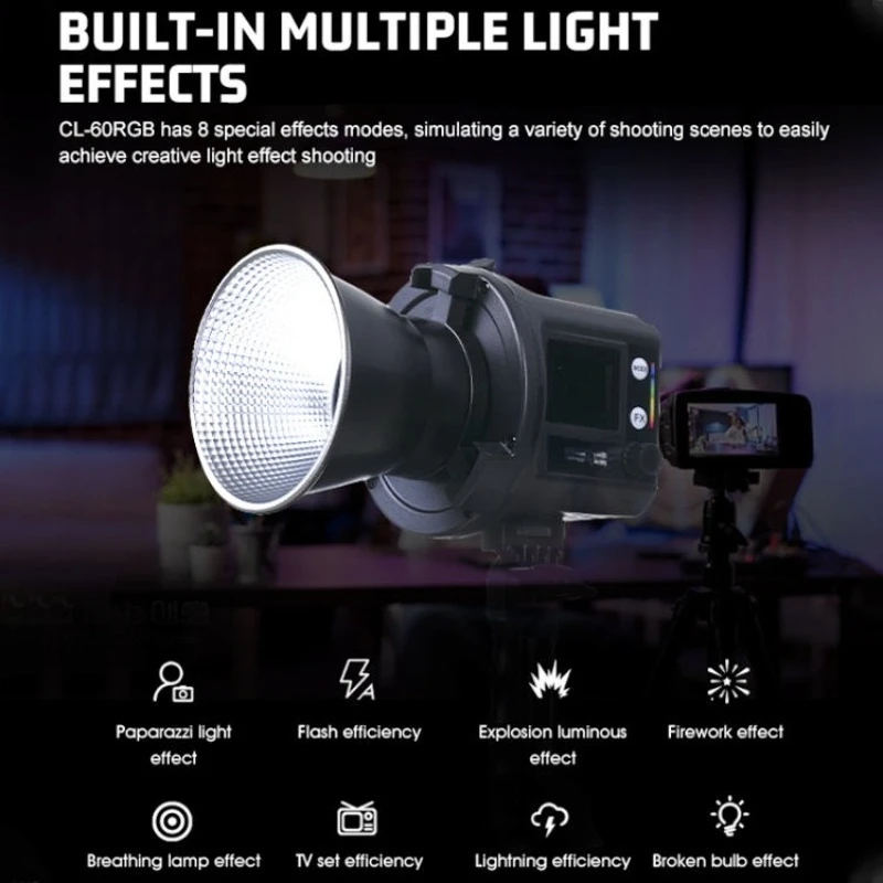 كاميرا محمولة قابلة للتعتيم RGB بقدرة 60 وات وإضاءة تصوير فوتوغرافي وإضاءة فيديو للتصوير الفوتوغرافي