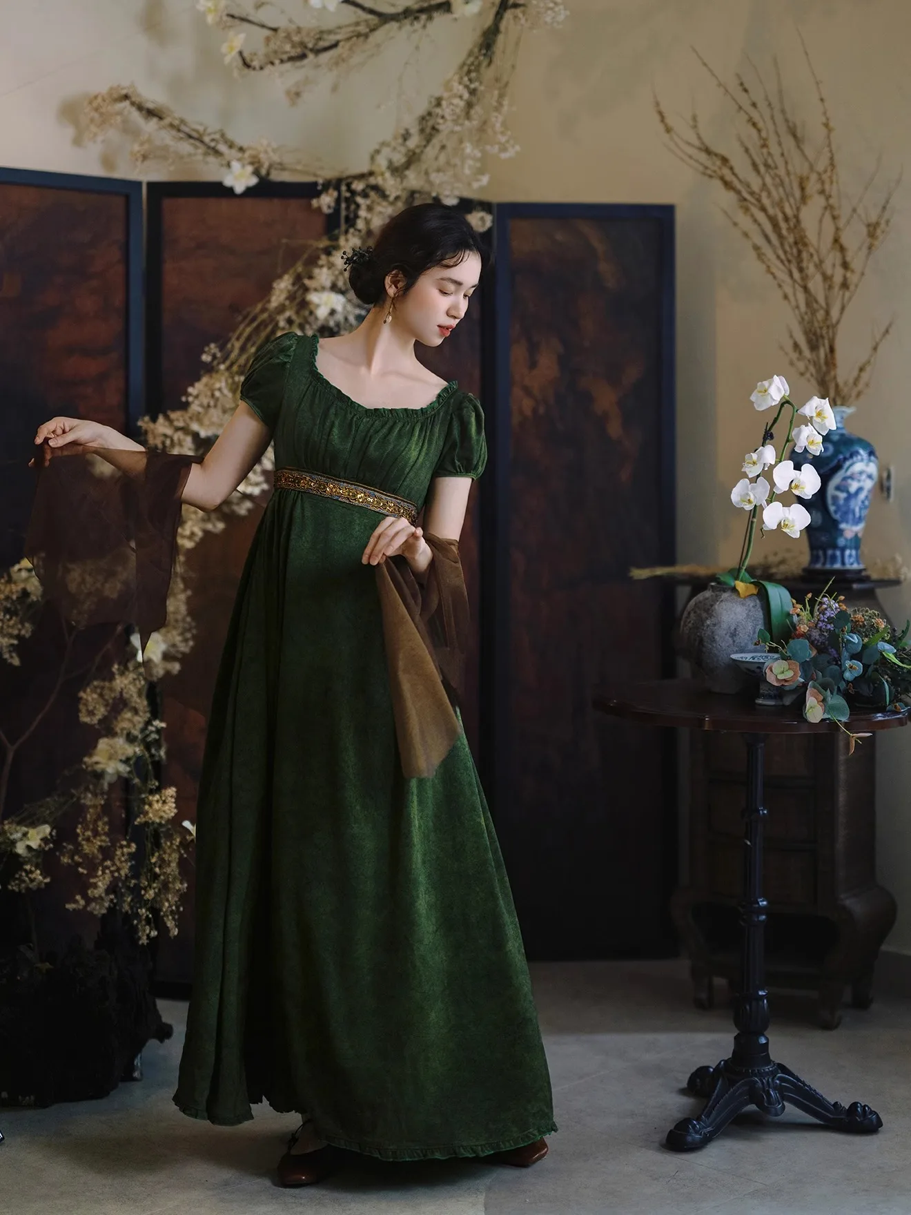 TIYIHAILEY Abito estivo da donna con pittura a olio Manica corta Lungo Maxi da donna Taglia S-XL Manica quadrata Vintage Verde a vita alta