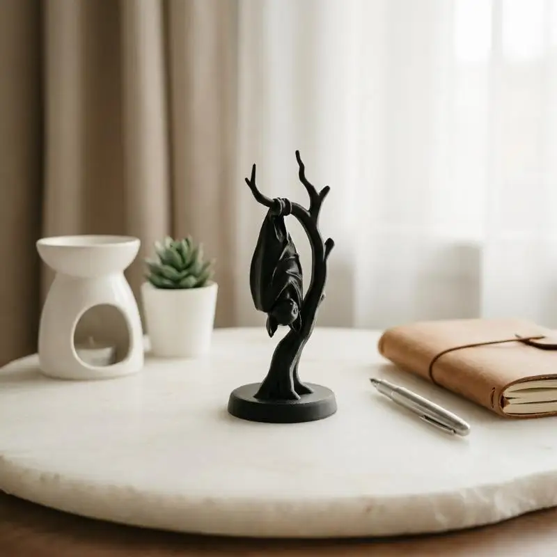 Bat On Dead Branch Figurine,3D Printe Gothic Sculpture For Halloween Party Decor,Spooky Ornament For Desk Bookshelf Display Gif