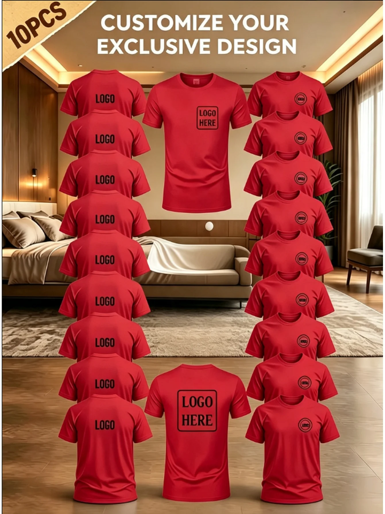 Casual round neck T-shirt, customized 10 piece set, chest/back can DIY patterns, copy, can be used as team building clothing