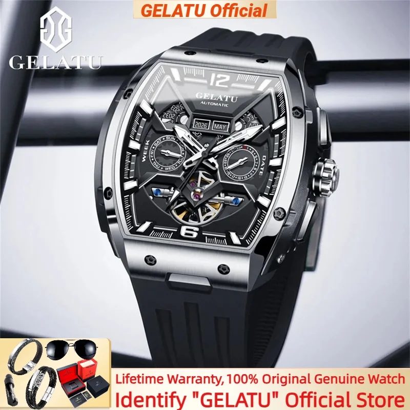 

GELATU Luxury Men's Mechanical Watch Multifunctional Calendar Skeleton Design Luminous 50 Meters Waterproof Big Dial Wristwatch