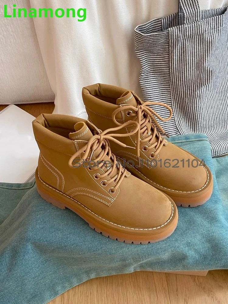 

Brown Thick Sole Short Boots For Female Women 2024 Winter New Round Toe Lace-up Chunky Heel Non-slip All-match Casual Shoes