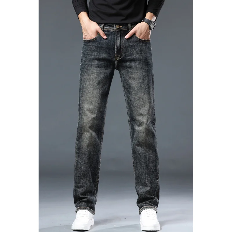 High-end retro blue nostalgic color jeans 2024 autumn and winter new fashion elastic straight washed casual jeans