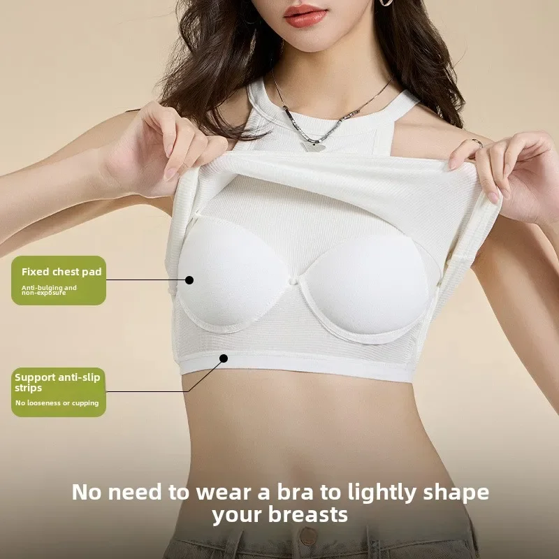 قميص قصير برقبة رسن ملولب مع حمالة صدر مدمجة عالية المرونة بقصة ضيقة حبال كوب ثابت ملابس داخلية نسائية قابلة للتنفس