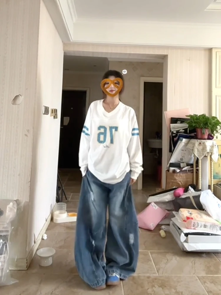 T-shirt ampia color americano Blo Long Sve V-Ne T-shirt autunnale da donna Boting irt Lazy Relaxing Feel Base Layer Top