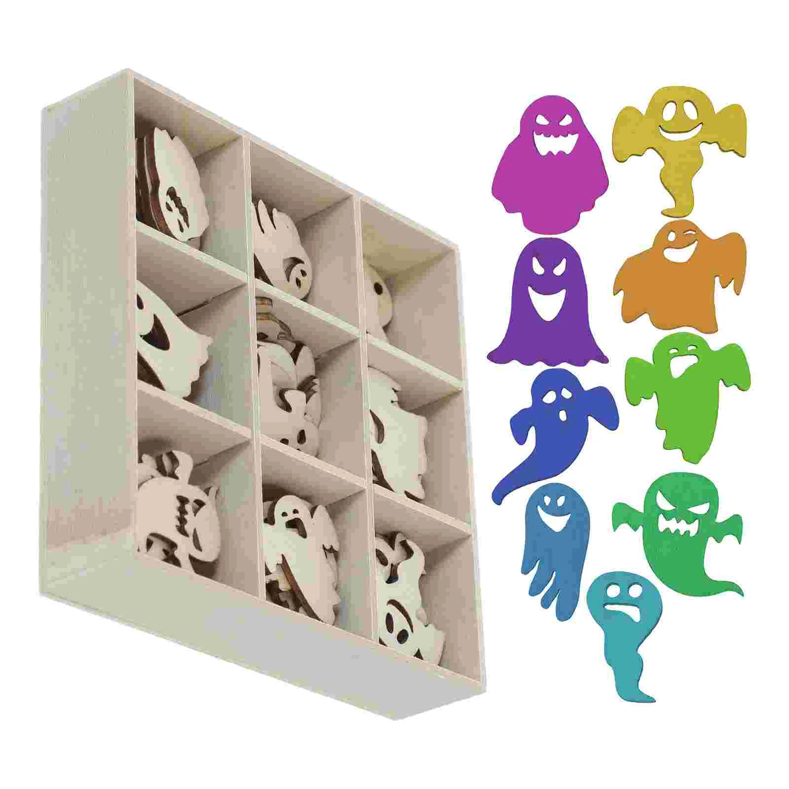 72 Pcs Wooden Halloween Craft Pendant DIY Craftsworks Stickers Tool Creative Handiworks Child Gifts