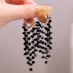Sexy and Elegant Black Crystal Tassel Pendant Earrings for Women's Fashion Wedding Banquet Jewelry Ear Accessories