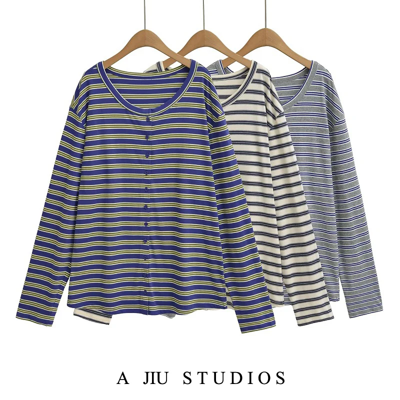 

Длинная футболка в полоску в американском стиле ретро, женская свободная футболка на одной пуговице, осенний ленивый универсальный утягивающий открытый кардиган, топ