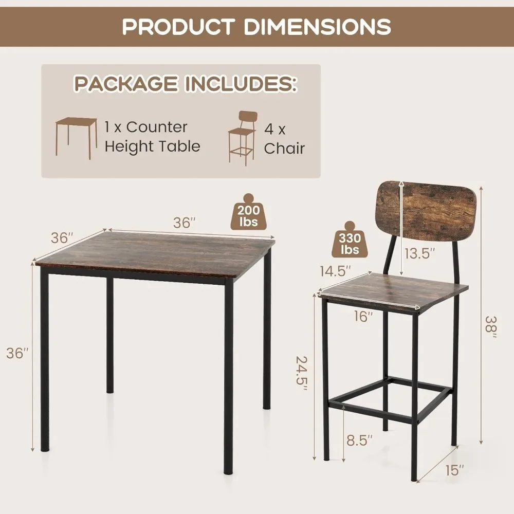 Ensemble de table à manger avec comptoir, ensemble de salle à manger de cuisine industrielle, repose-pieds et dossier, table recommandée, 4 pistes de bar, 5 pièces