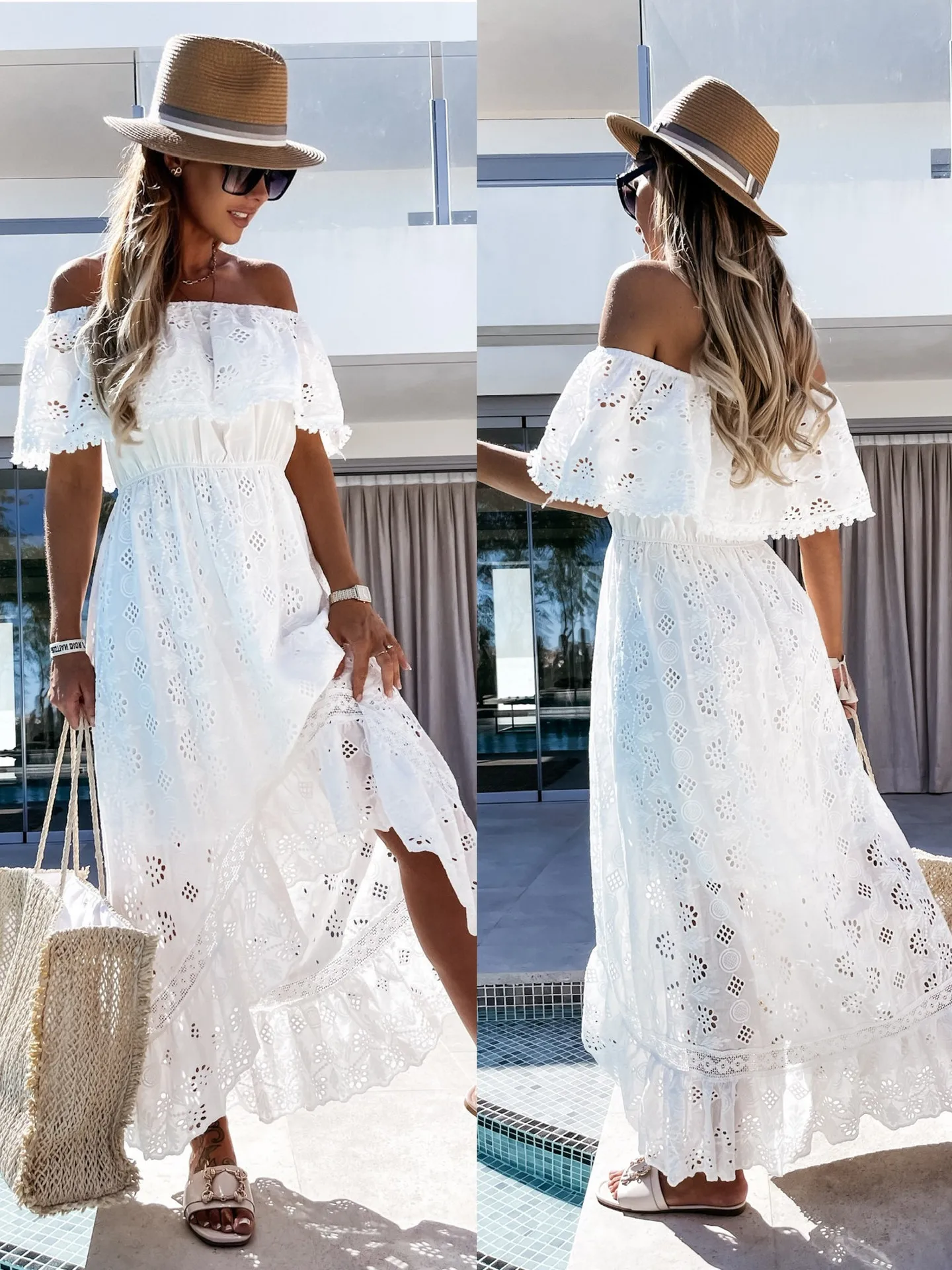 

EINY Elegant Women's Bohemian White Long Dress Short Sleeve Off Shoulder Lace Ruffle Loose Dress Holiday Casual Dresses Female