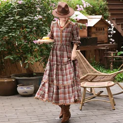 TIYIHAILEY Women Long Mid-Calf Cotton Dress Spring Autumn Full Sleeve Plaid M-2XL New Fashion Ladies Clothing V-Neck Tassels
