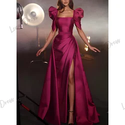 Lena Satin Evening Dresses Woman Elegant Party Dresses 2024 for Wedding Dress Square Neck Short Sleeves Side Slit Purple Red