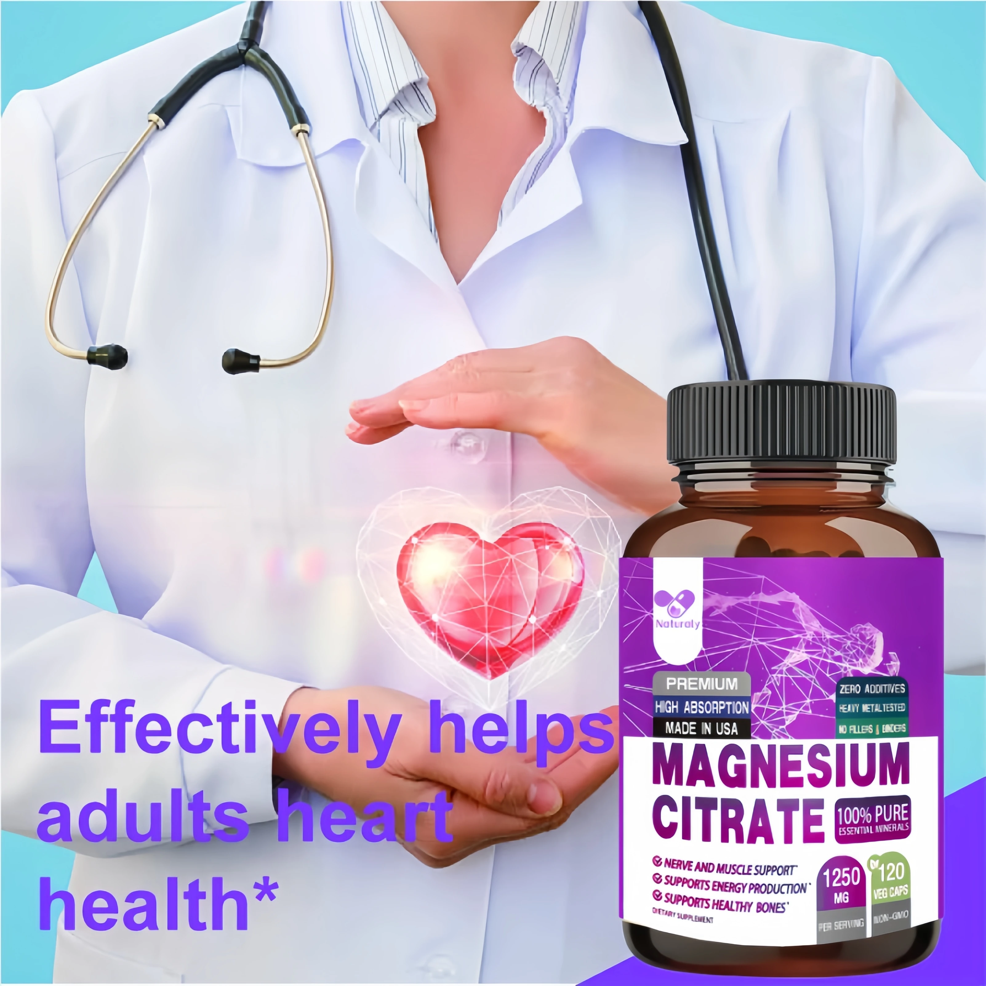 Magnesium Citrate 1250 Mg - Easily Absorbed, Purified Trace Mineral - Muscle, Nerve and Energy Support, Non-GMO