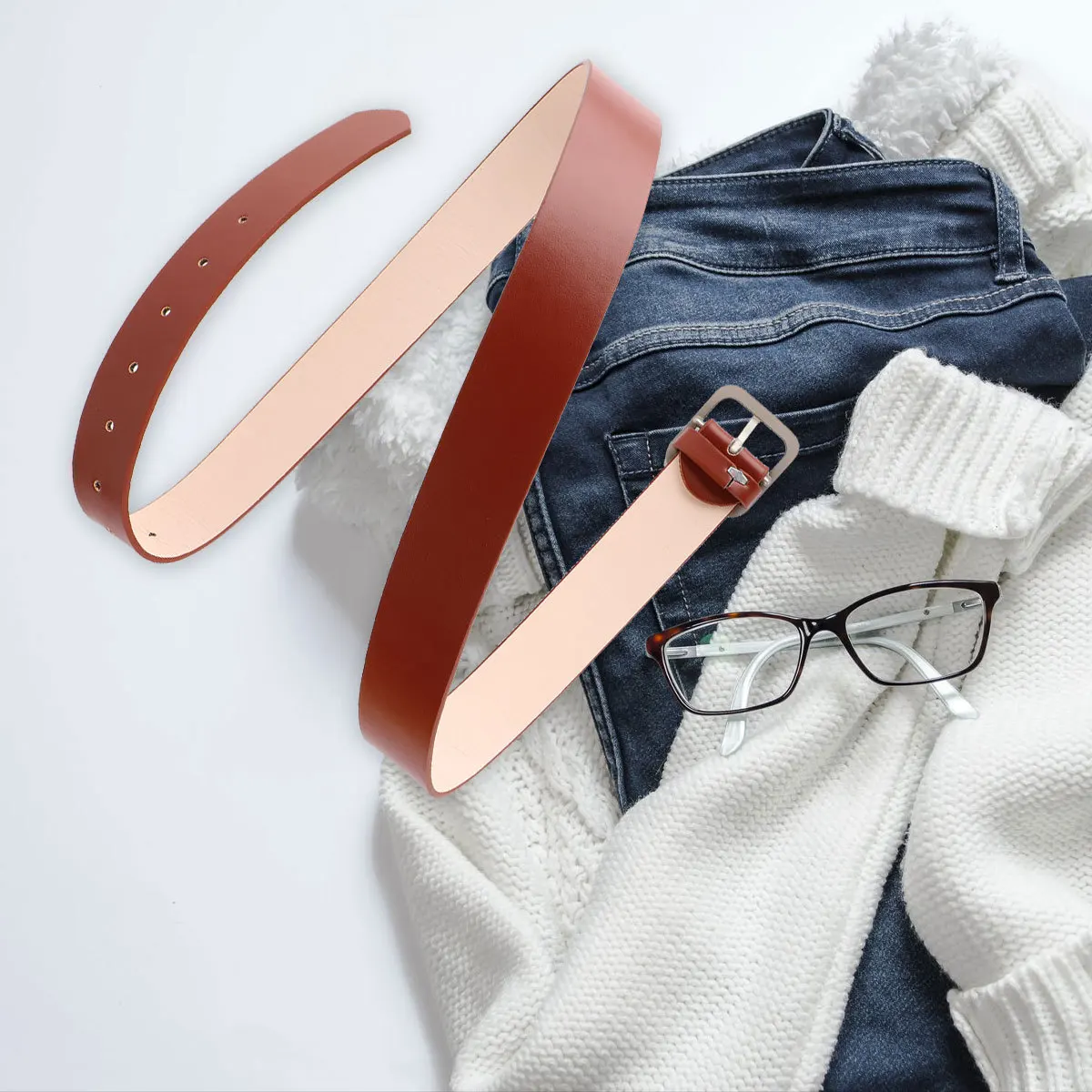 

1Pcs Women Belt Square Buckle Adjustable Casual Chic Accessory 110cm Length 3.3cm Width Khaki Silver Fashionable Gift