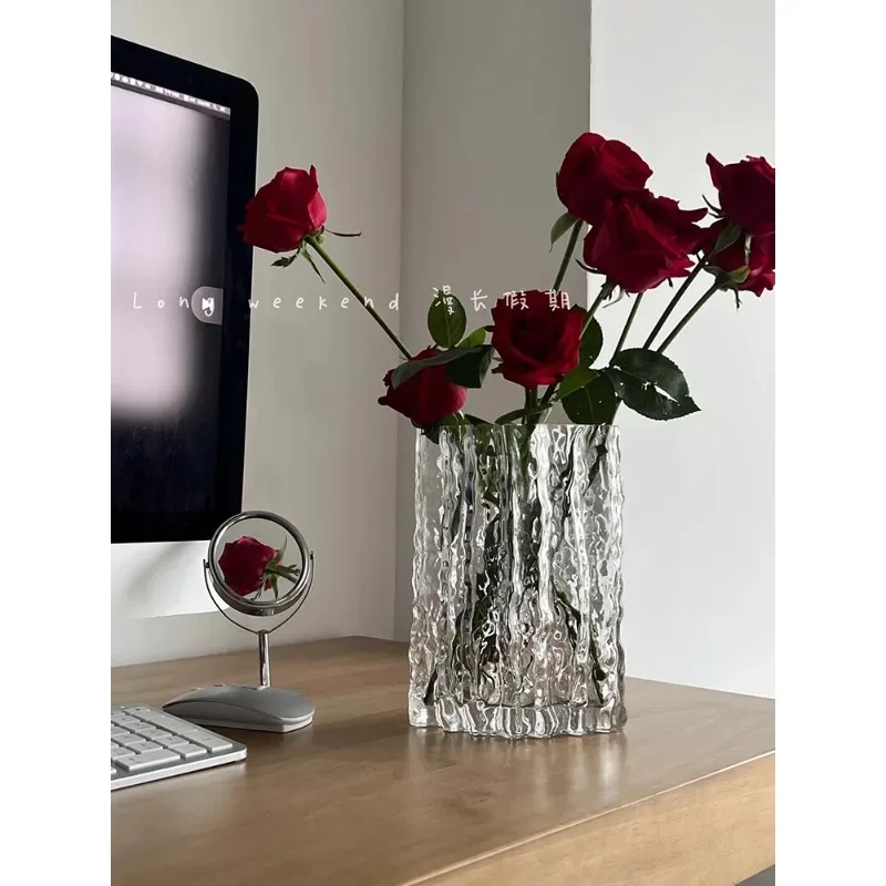 Long Holiday Inn Wind Transparent Glacier Glass Vase Large Caliber Home Living Room Study Desktop Flower Flower Set