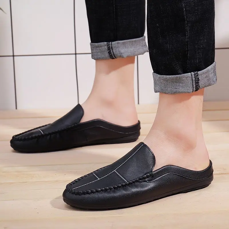 New Summer Men\'s Slippers Doudou Shoes Men\'s Baotou Half Slippers Soft Leather Casual Sandals Men\'s Shoes