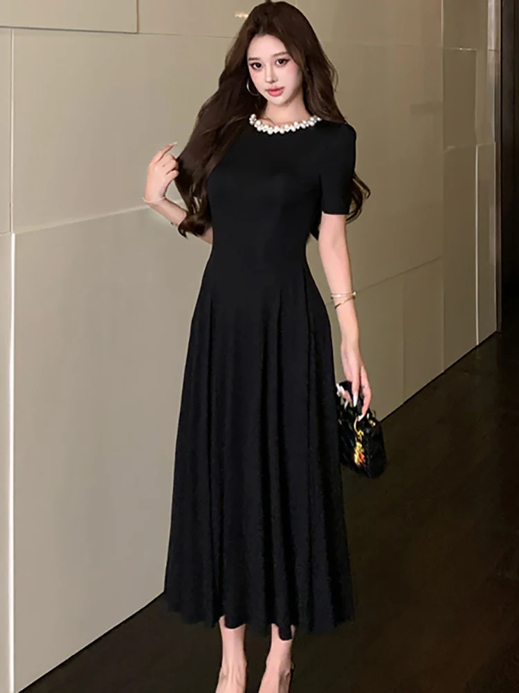 2025 Zwarte Korte Mouw Kralen O-hals Lange Jurk Vrouwen Vintage Hepburn Luxe Avondjurk Zomer Elegante Bodycon Feestjurk