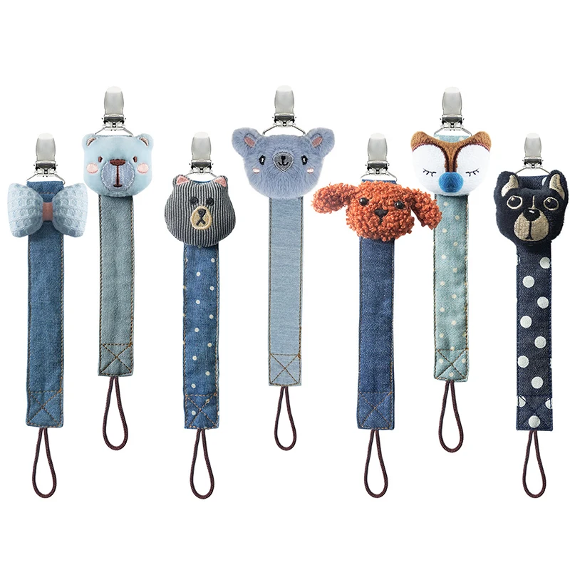 Handmade Pacifier Clip Denim Fabric Nipple Holder with Cute Little Doll Jeans Dummy Clips for Babies Boys Girls Teething Toys