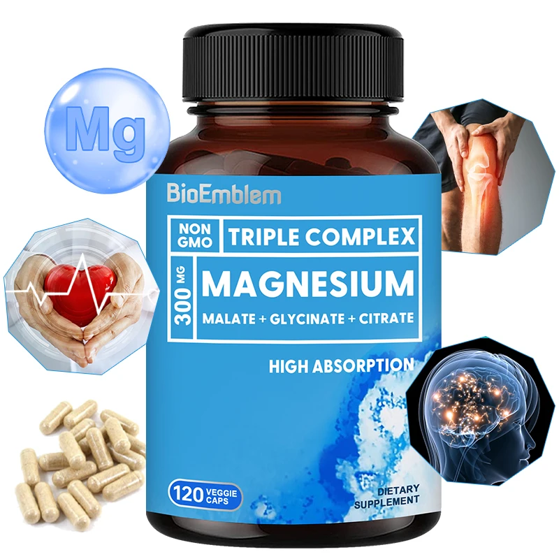 Triple Magnesium Complex - 300mg Magnesium Glycinate, Malate & Citrate for Muscle, Nerve & Energy, Highly Absorbable, Vegetarian