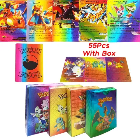 55PCS 포켓몬 다채로운 금박 카드 Charizard Pikachu Arceus 다이아몬드 레인보우 영어 프랑스어 독일어 스페인어 VSTAR GX VMAX 카드