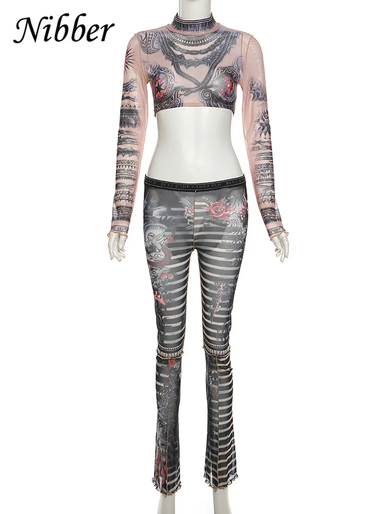 Nibber Mesh Aesthetic Print Two Piece Set Women See Through Half High Collar Crop Tops+Slim Skinny Pants Female Streetwear Suit