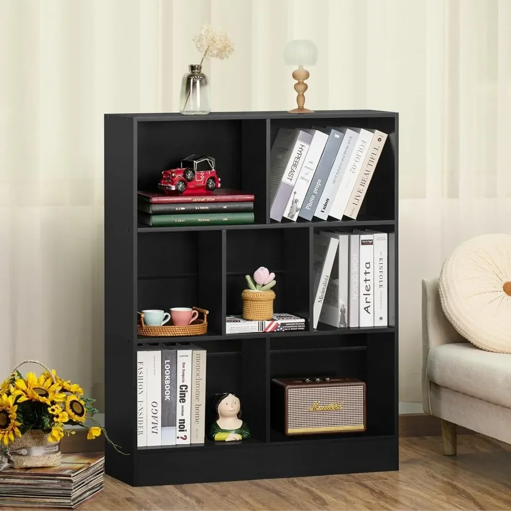 3 Tier Modern Horizontal Bookcase Book Shelves Living Room Office Wooden Low Book Shelf Display Storage Cabinet With Base Locker