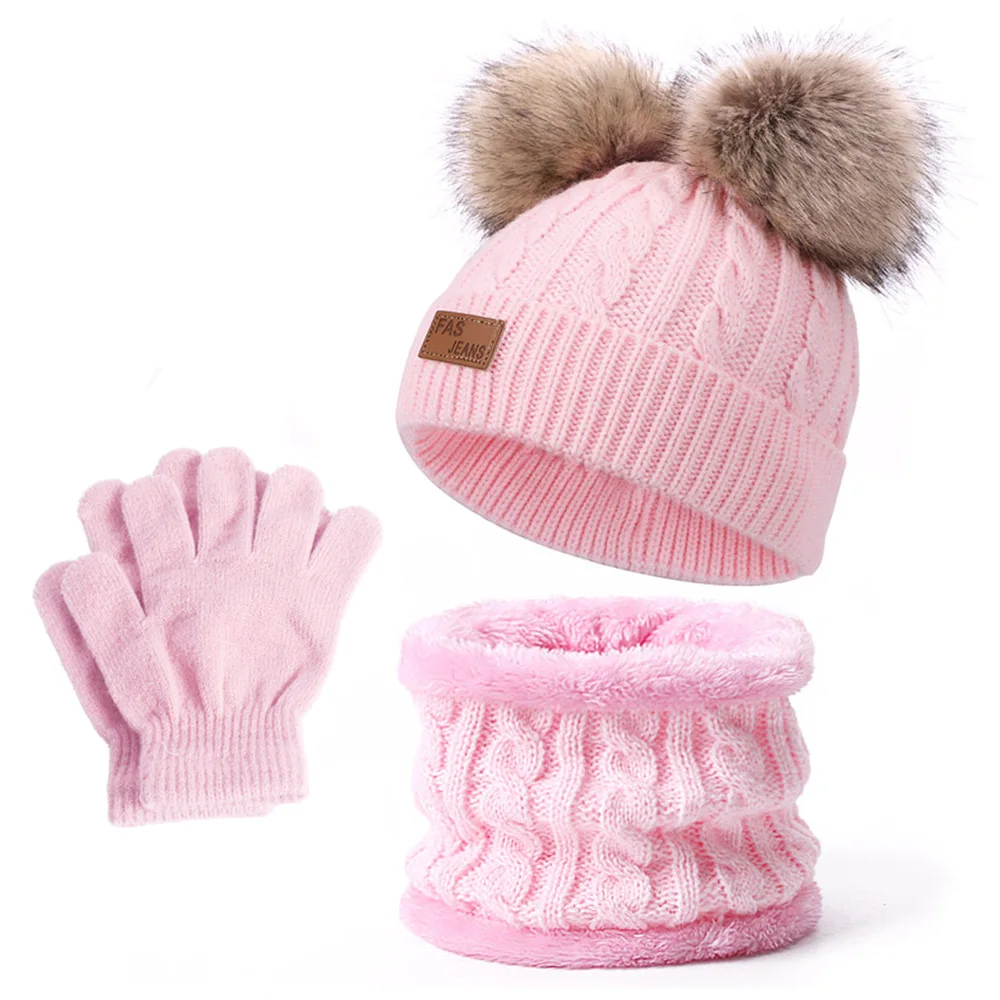 New Winter Child Beanie Hat con guanti con bavaglino set 3 Pom Baby Double Hairball berretti lavorati a maglia Girl Warm Wool addensato Neck Cover