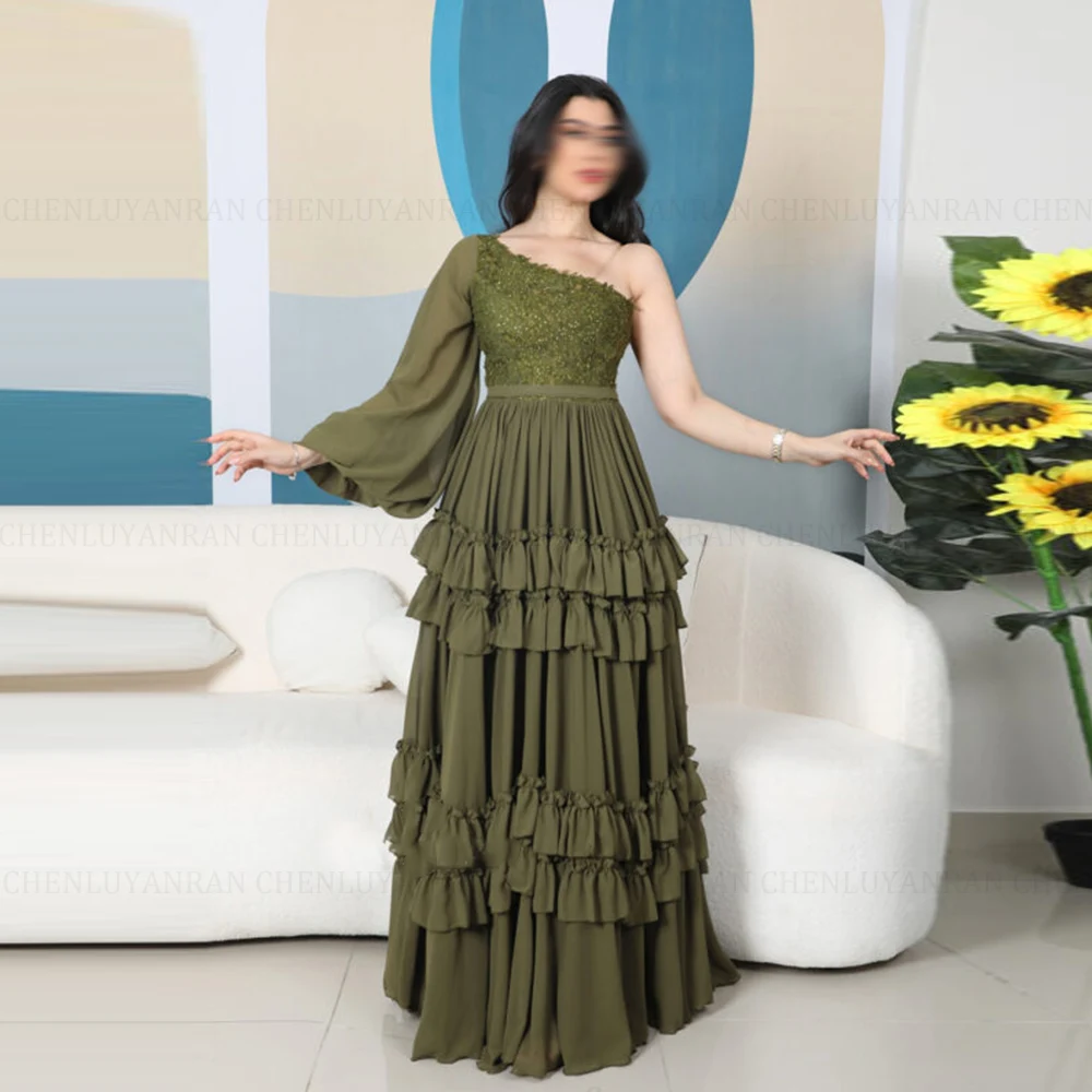 

Green Formal Occasion Dresses 2024 One Shoulder A-line Prom Dress Pleated Lace Tiered Sexy Evening Party Gowns فساتين الحفلات