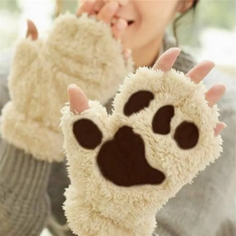 Warm Lovely Cat Claw Paw Mitten Plush Gloves Winter Soft Short Finger Half Gloves Bear Costume Half Finger Gloves Gift