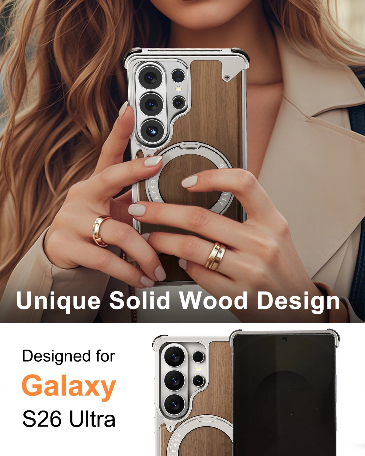 

Чехол-подставка Oatsbasf для Samsung Galaxy S26 Ultra с поворотом на 360 градусов ° Чехол для телефона с вращающимся кольцом-держателем, защитой от падений и задней крышкой из массива дерева