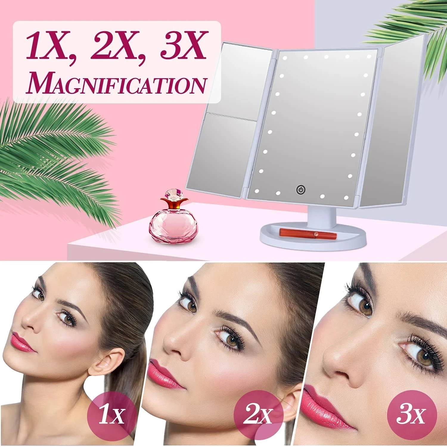 

Trifold Makeup Mirror With 22 LED Lights Touch Screen 1X/ 2X/3X/10X Magnification Two Power Supply Mode Foldable Vanity Mirrors