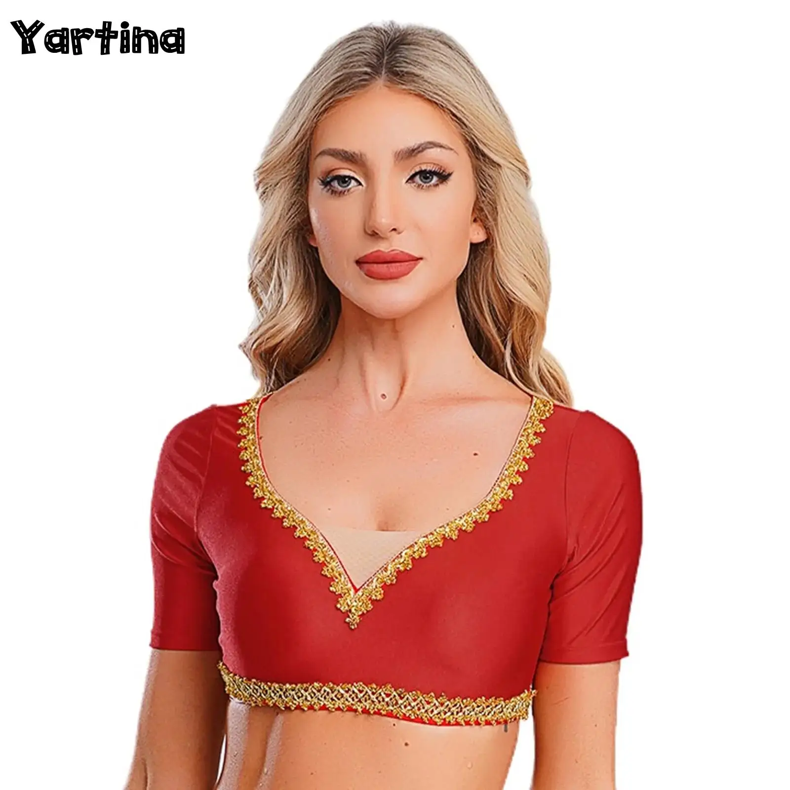 여성 인도 벨리 댄스 크롭탑 골드 트림 브이넥 반팔 슬림핏 크롭 블라우스 댄스 공연 의상 댄스웨어