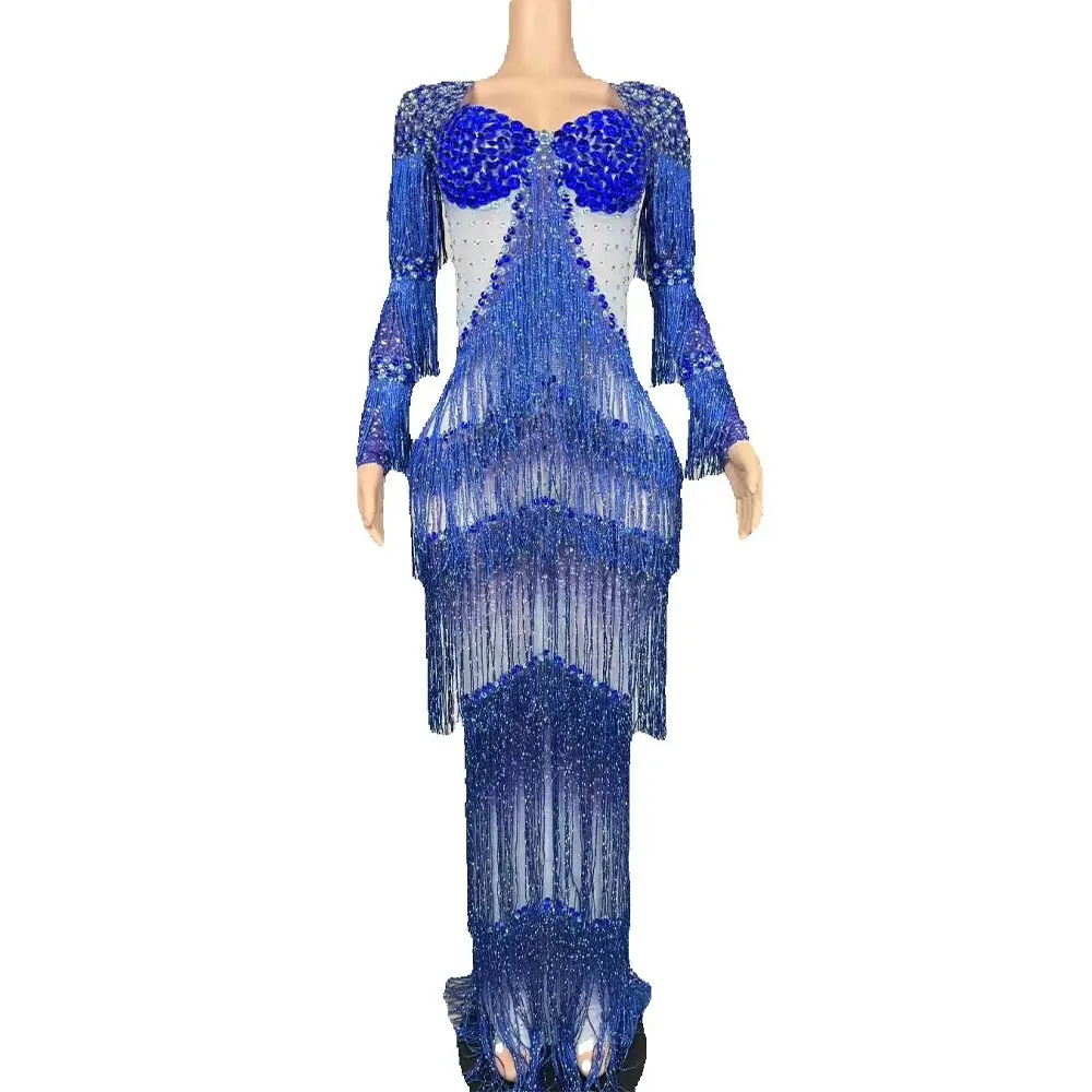 キラキララインストーンフリンジマキシロングドレス女性のセクシーな透明エレガントなイブニングパーティー誕生日ドレス写真撮影ステージ着用