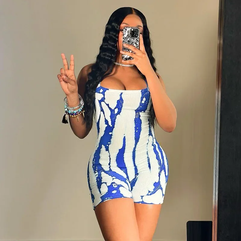 

Women Knitted Sleeveless Strap Short Jumpsuits Street Playsuits 2024 Summer Print Casual Sexy One Piece Suit Romper