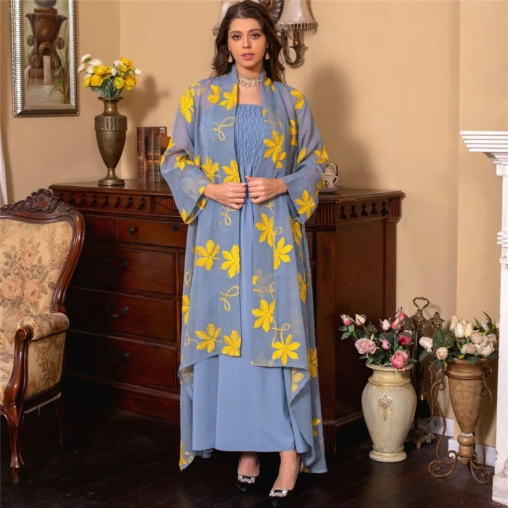 2 Piece Set Ramadan Eid Open Abaya Strap Dress Marocain Robe Dubai Turkey Kaftan Women Muslim Kimono Cardigan Jalabiya Gown Suit