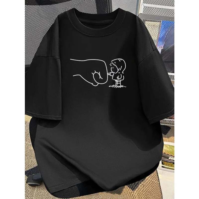 Minimally Designed Character Fist Print Short Sleeved T-shirt for Both Men and Women, Loose Cotton Casual Top for Commuting