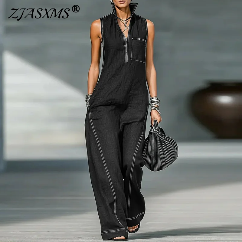 

Elegant Stand Collar Half Zipper Women's Jumpsuits Spring Contrast Stitching Pocket Loose Rompers Summer Wide Leg Pants Overalls