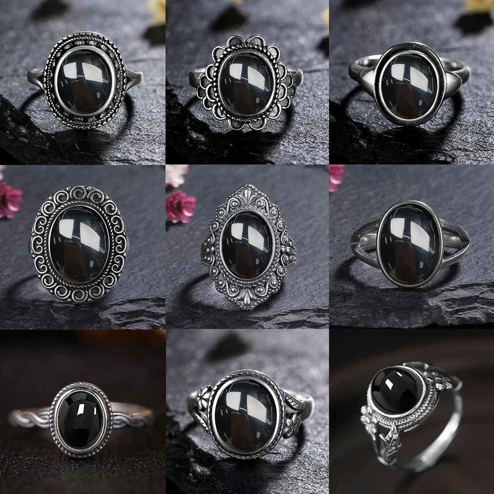 

Vintage 925 Sterling Silver Ring Natural Black Onyx Ring Oval Round Stone Retro Fine Jewelry Gift Sun Shaped For Women Men