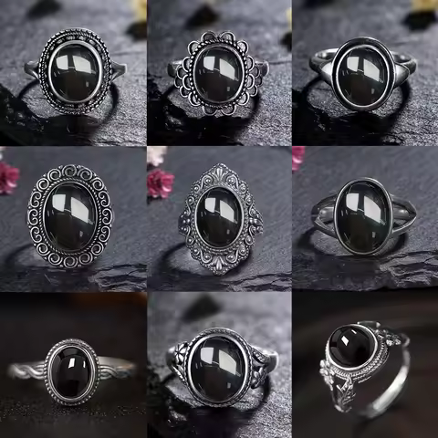 Vintage 925 Sterling Silver Ring Natural Black Onyx Ring Oval Round Stone Retro Fine Jewelry Gift Sun Shaped For Women Men