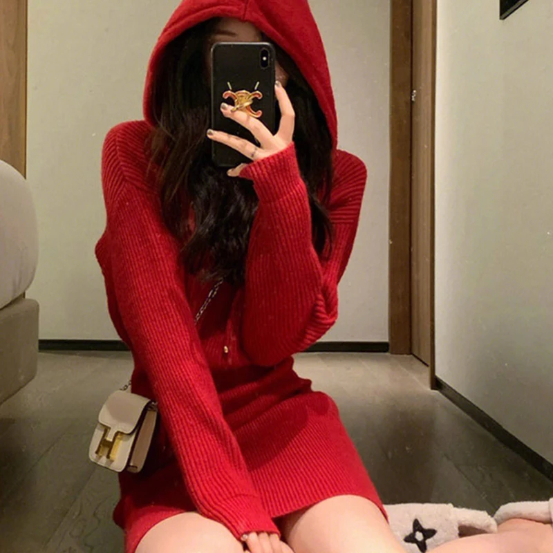 Autumn and Winter Female Festival Red Hooded Knitted Dress Long Sleeved Casual Zipper Christmas Women\'s Mini Sheath Dresses