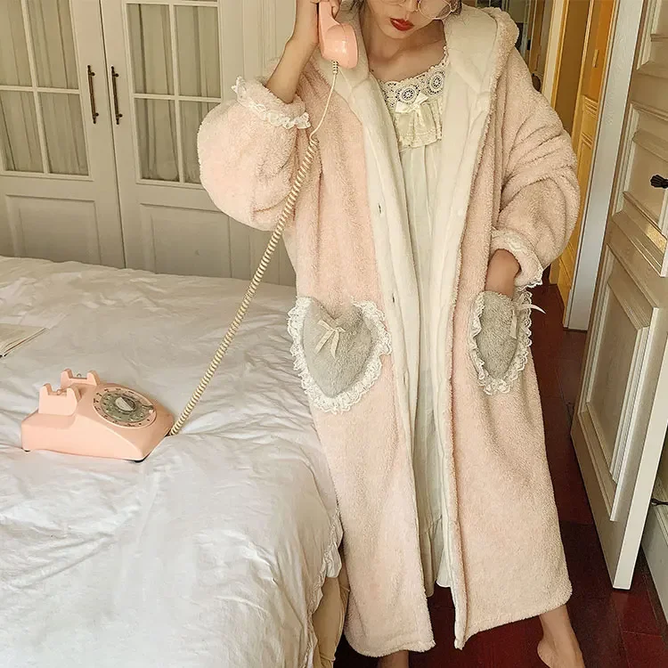 

Autumn Winter Women's Sleepwear Hooded Robe Thicken Pajamas.Princess Flannel Robes Bathrobes Sleep Nightgown Robe Dressing Gown