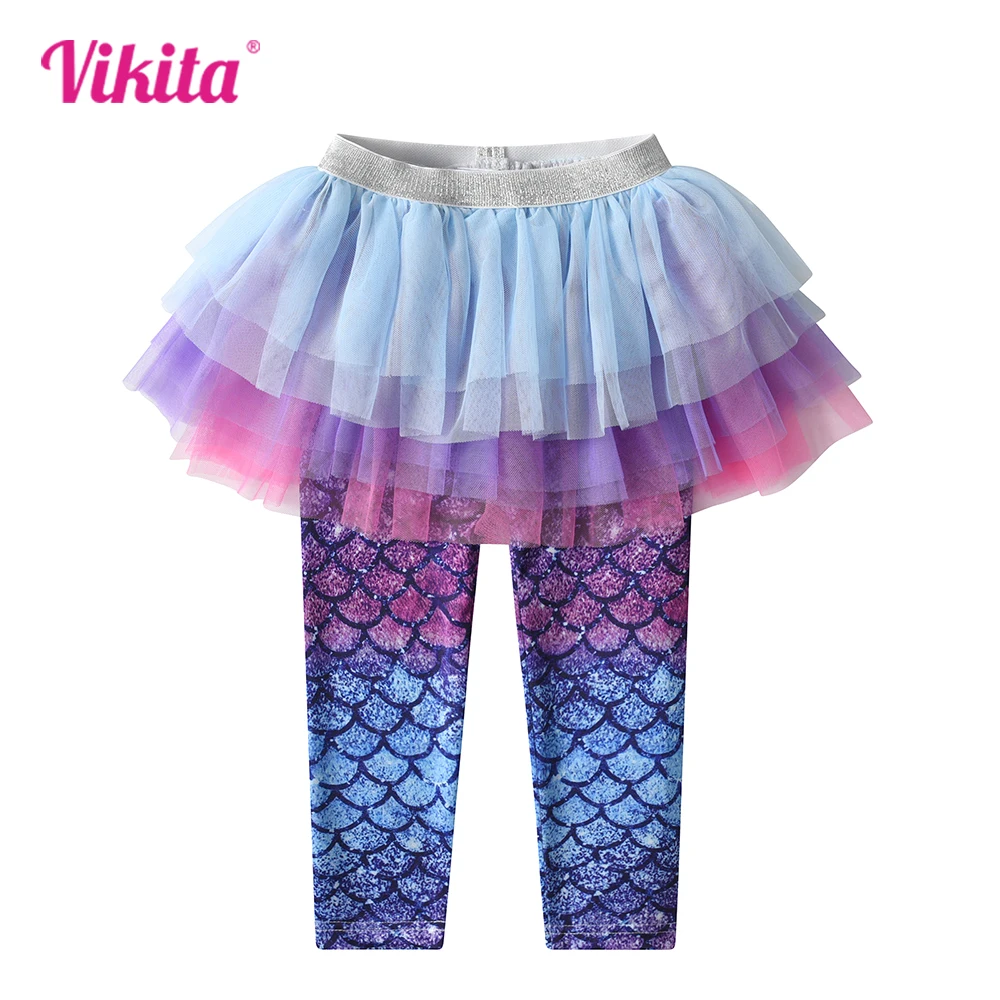 VIKITA Kids Girls Mermaid Print Pants Girls Mesh Tutu Skirts Leggings Children Fake 2pcs Pantskirt Girls Trousers with Skirts